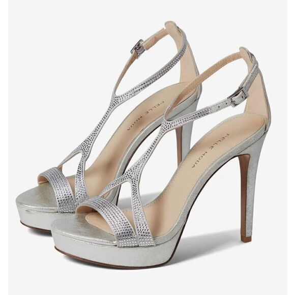 Pelle Moda Onora Sandal Size 9 Silver Metallic Suede Ankle Strap Rhinestone - Picture 1 of 9
